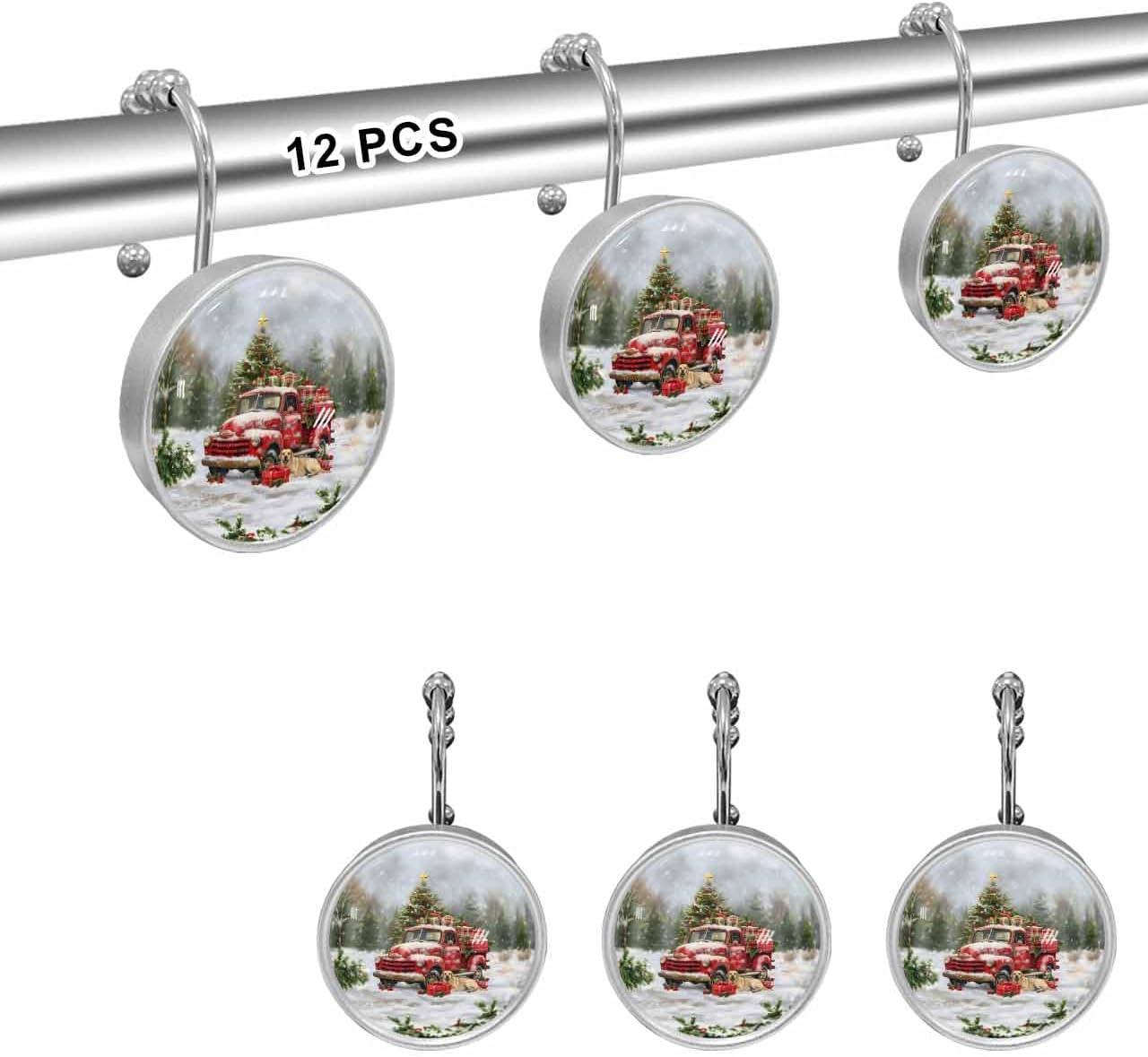 Shower Curtain Hooks 12 Pcs Christmas Red Truck Xmas Tree and Cute Little Dog Stainless Steel Rust Proof Rolling Shower Curtain Rings, Decorative Shower Curtain Hooks Hangers for Bathroom