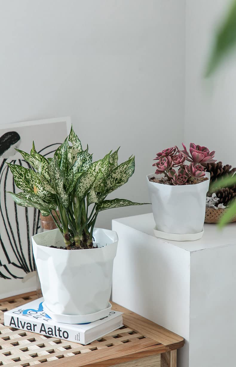 Lot de 5 pots de fleurs en plastique pour intérieur/extérieur - Style nordique - Avec support de base - Pour la maison, le bureau, les magasins - Blanc