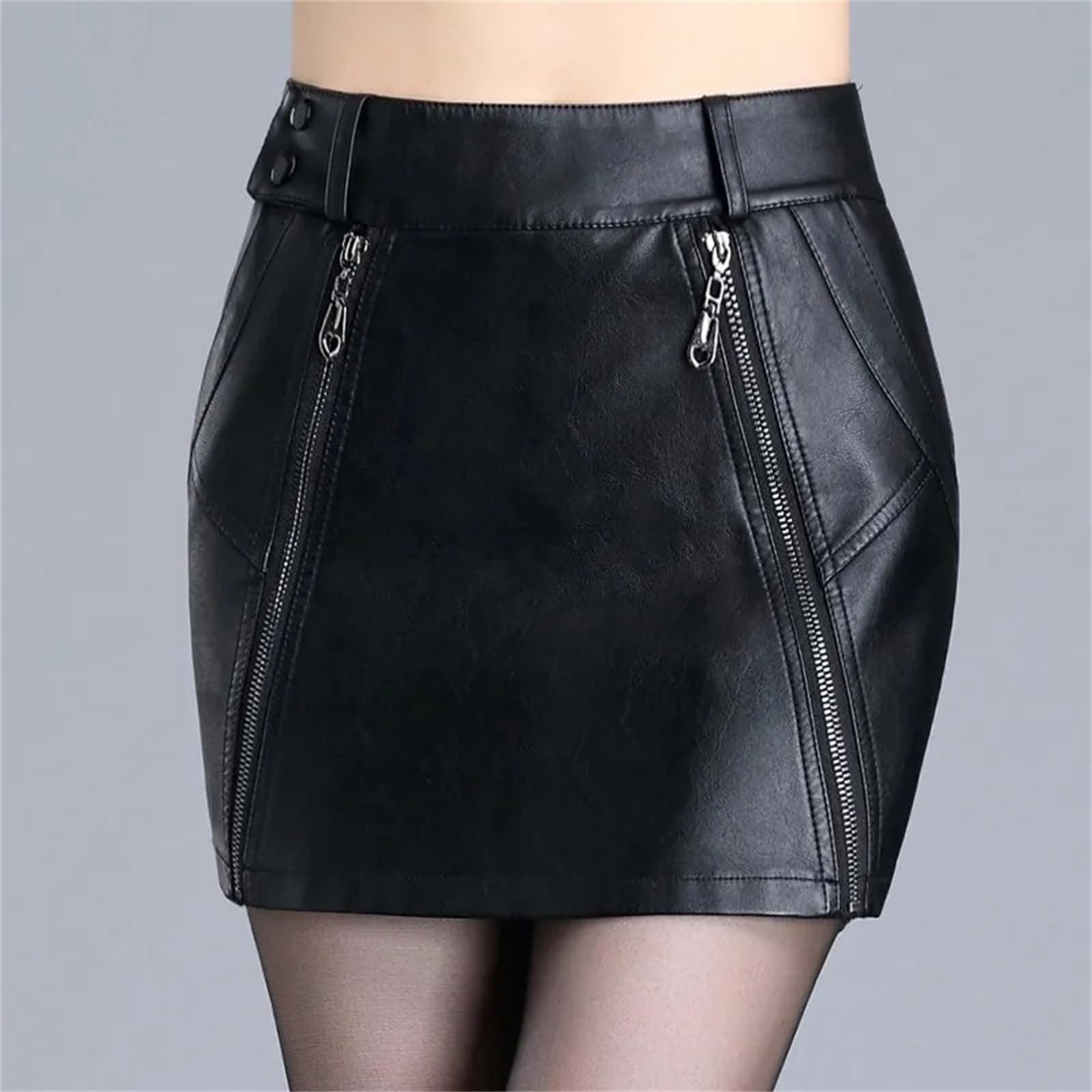 Falda de Cuero sintética Sexy para Mujer Minifalda Corta de Cintura Alta con Forma de Cadera Falda Corta con Cremallera para Fiesta y Club,Negro-Medio