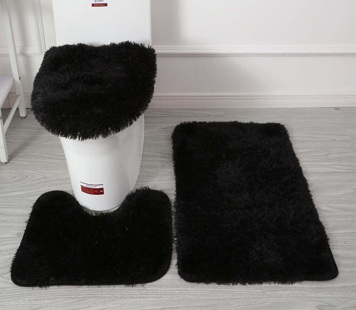 Soft Microfiber Bathroom Rugs Sets 3 Piece, Bath Rug + Contour Mat + Toilet Seat Cover, Non-Slip Bathroom Rugs with PVC Point Flannel Backing, Water Absorbent Solid Black