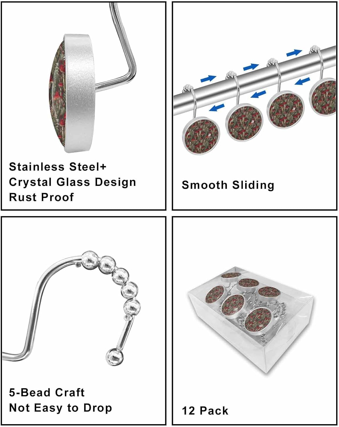 Shower Curtain Hooks Set of 12 Dot Red Mushroom Fern Plants Crystal Glass Shower Curtain Rings for Bathroom Decorative Stainless Steel Rust Proof Roller Shower Curtain Hangers