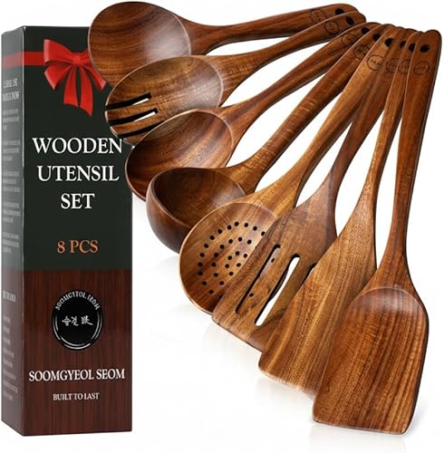 Cucharas de madera de 8 piezas para cocinar, utensilios de madera de teca de acabado liso, juego de cocina antiadherente, agarre cómodo, utensilios disponible en Yaxa Costa Rica