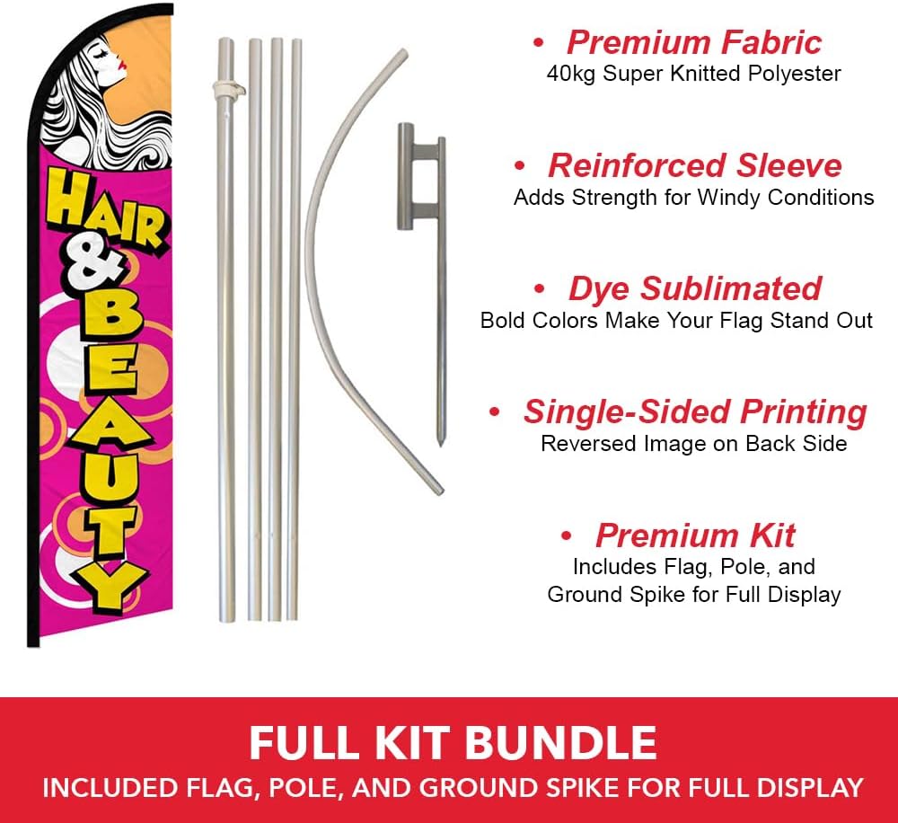 Hair & Beauty Windless Banner Advertising Flag & Pole Kit - Perfect for Spas, Massage Therapists, Salons, Barber Shops