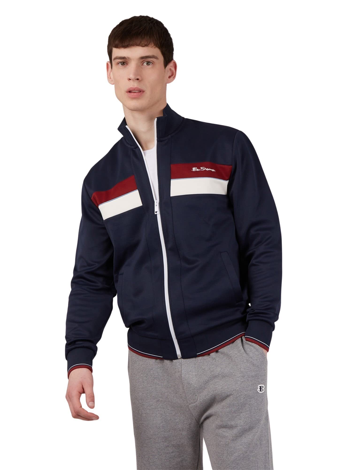 Ben Sherman Mens Classic Fit Colour Block Zip Through Tricot Track Top Dark Navy
