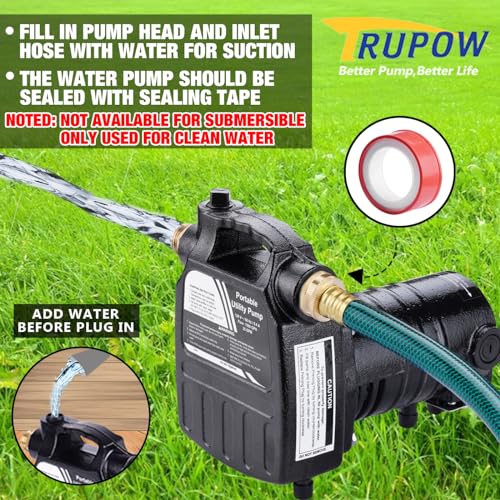 Image of TRUPOW 1 /2HP 1450GPH 115-Volt Cast Iron Portable Electric Power Utility Transfer Water Pump with Carbon Brush, Filter, Brass Connectors, for Garden, Rain Barrel, Pool, Pond, Hot Tub, Aquarium Draining