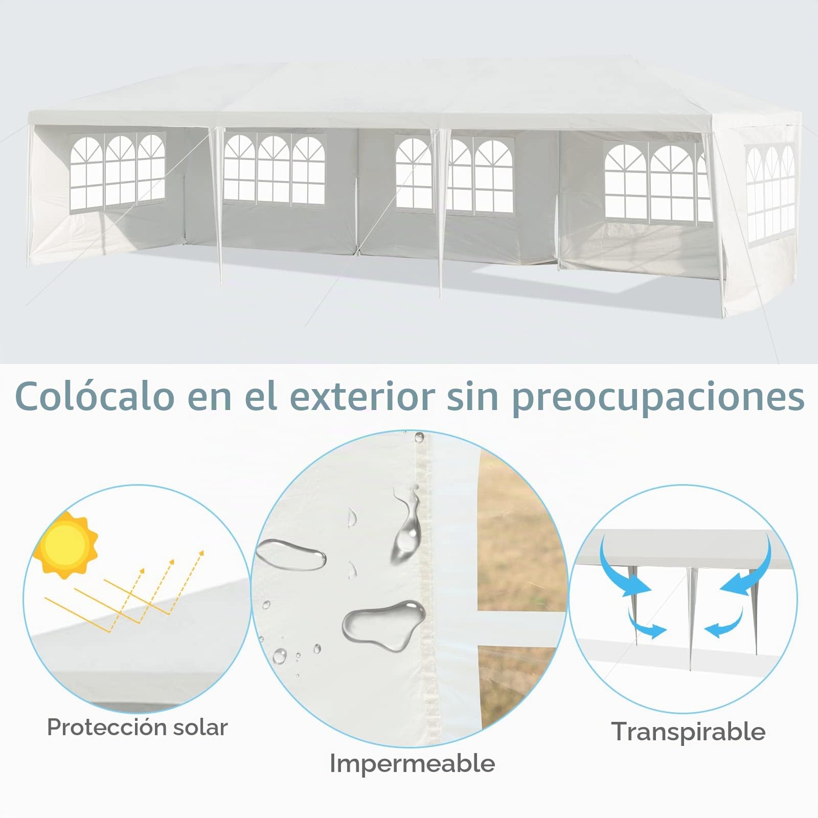 KOMFOTTEU Carpa para Fiesta 3x9m con 5 Paredes Extraíbles y Ventanas