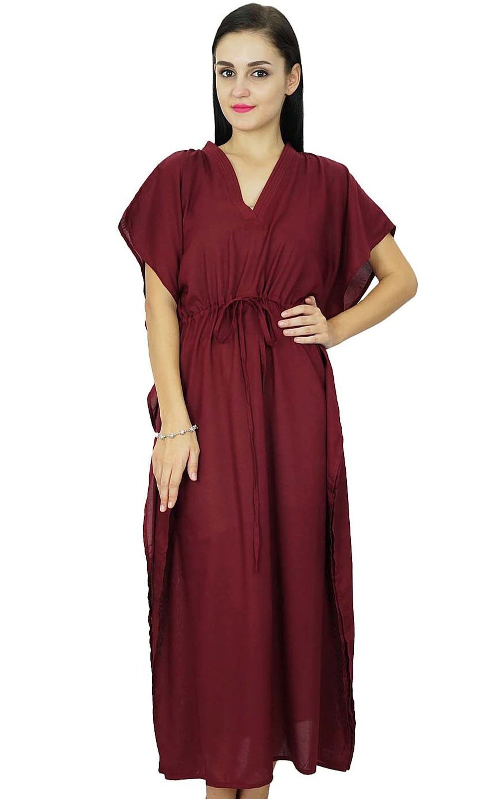 Bimba Women's Maroon Solid Long Kaftan Dress For Kimono Sleeves Soft Cotton Beach Cover Up Caftan