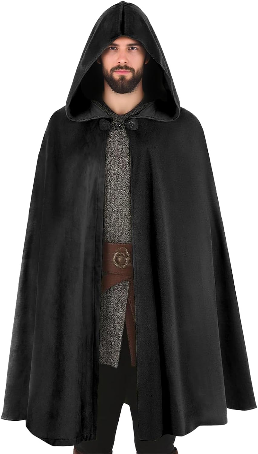 Medieval Velvet Cloak with Hood, Renaissance Hooded Cape Knight Wizard Costume Robe Men Women for Halloween Cosplay - Image 2