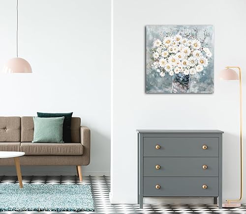 Miniatura 4 de Rtriel Lienzo decorativo para pared, diseño de margaritas blancas en jarrón, fondo azul claro, imágenes modernas de galería, flores texturizadas,