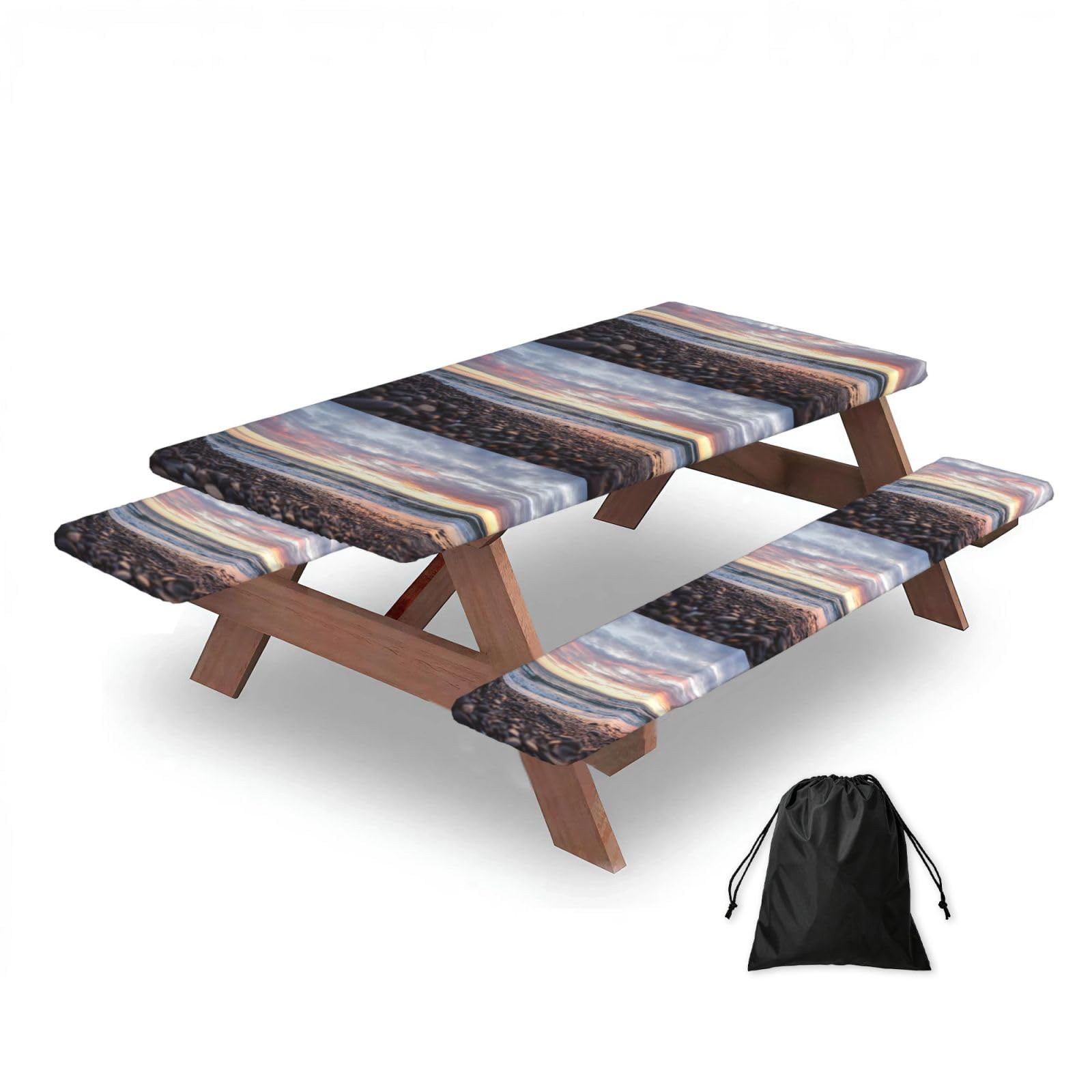 Dopklna As Picture Beach Sunset Pebbles, Picnic Table Cover With Bench Covers -Waterproof Elastic Fitted Tablecloth For Garden Camping Patio 76X152cm
