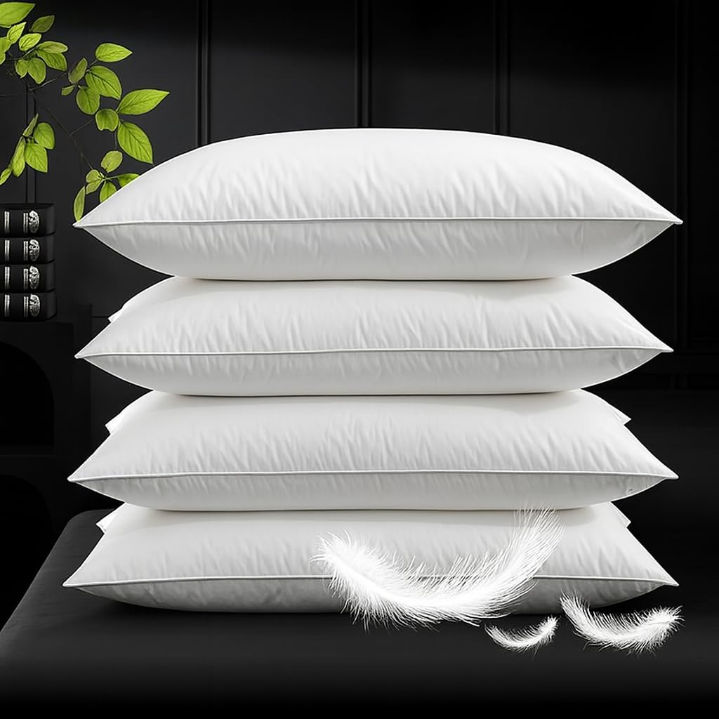 MH Home Duck Feather Pillows 2 Pack - Luxurious Comfort for Restful Sleep-Hypoallergenic & Anti Dust Mite-2 Duck Feather Pillows UK Standard Size(48x74cm) (4 Pack)