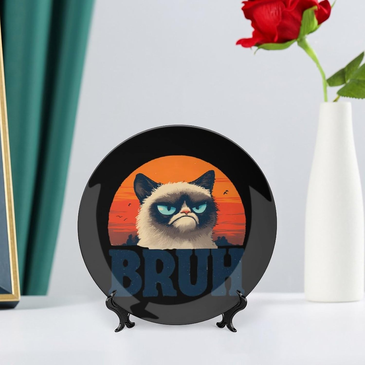 Funny Cat Bruh Meme Saying Siamese Cute Novelty Decorative Plate with Display Stand Handmade Ceramic Ornament Hanging Wall Decor for Home Office Foyer
