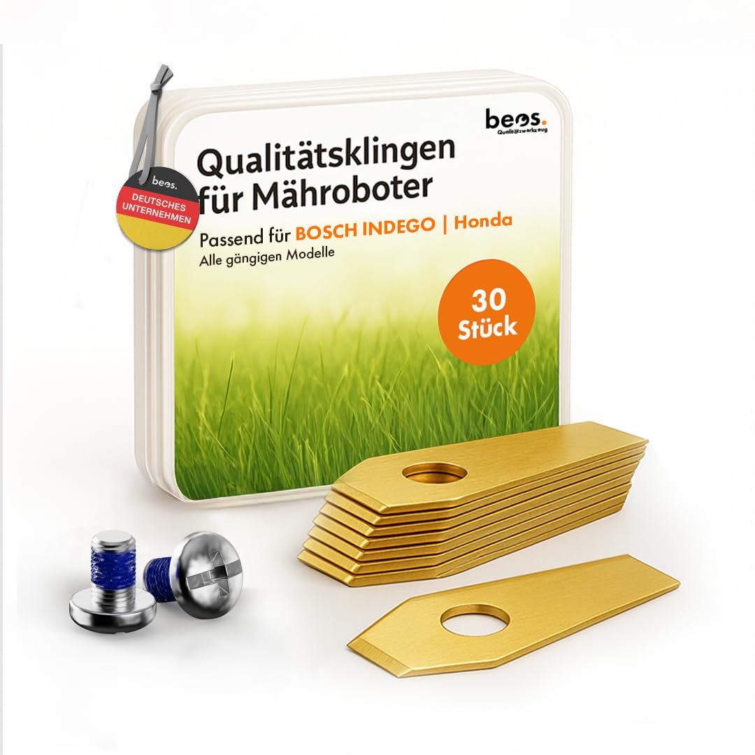 beos 30 x Premium Titan Ersatzmesser für Bosch Indego + Schrauben mit Sicherung- Ersatzklingen für Bosch Indego & Honda Miimo Mähroboter – 1 mm Messerstärke für langes Mähvergnügen