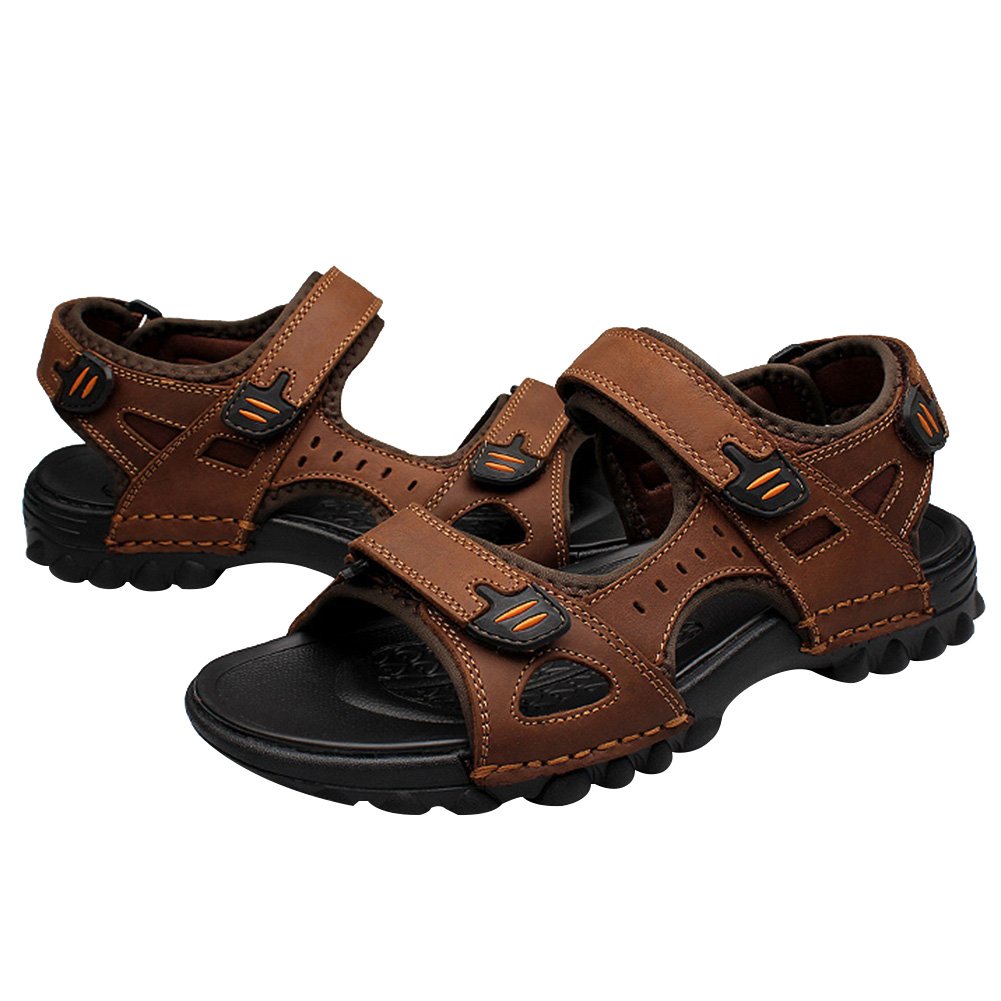 rismart Hombre Punta Abierta Casual Gancho y Bucle Intemperie Trekking Cuero Sandalias Zapatos