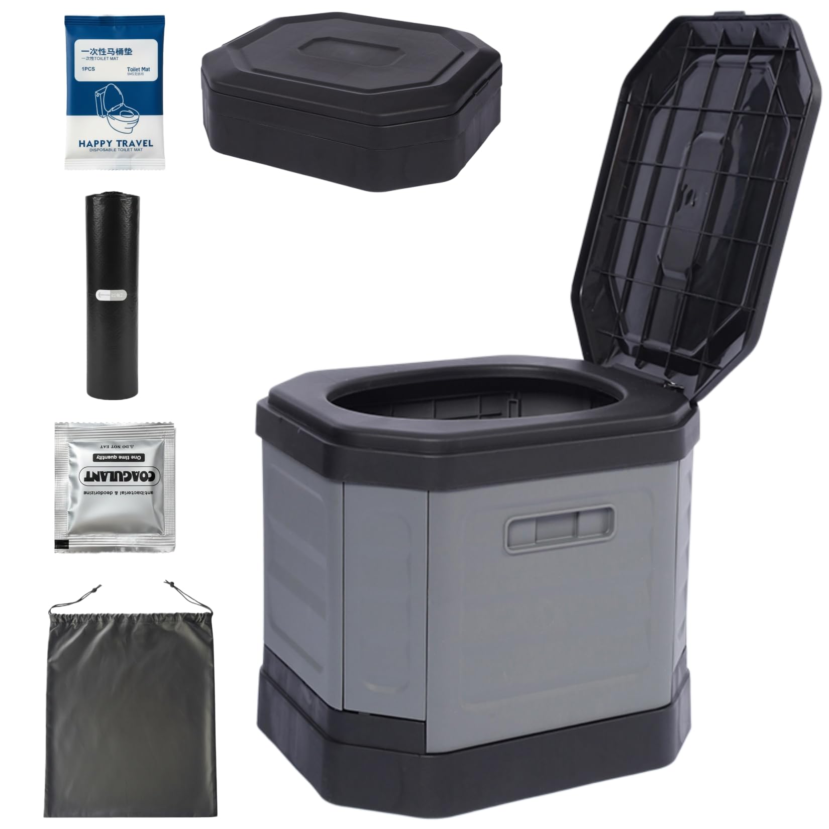 Tragbare Camping-Toilette, zusammenklappbare Reise-Toilette mit Deckel für Erwachsene und Kinder, kompaktes tragbares Töpfchen für Camping, Wandern, Autoreisen, Wohnmobil, LKW, Bootfahren