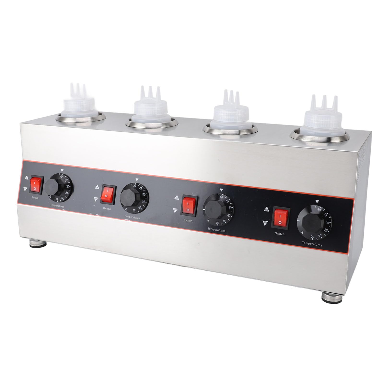Fdit Calentador de Eléctrico con 4 Botellas Exprimibles, 640W Dispensador de Queso Comercial 2600ml 30-85°C Ajustable Acero Inoxidable para Nacho Queso Caramelo Chocolate (Enchufe Europeo 220V)