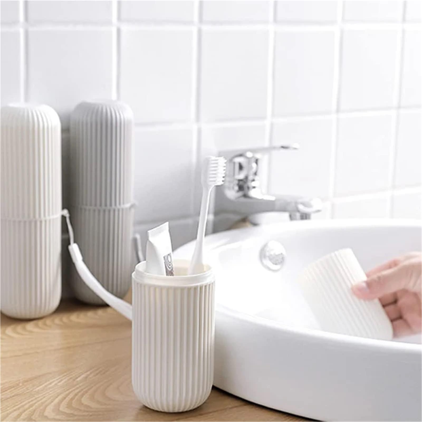 Caja Redonda de plástico for Taza de Cepillo de Dientes, Soporte portátil for Pasta de Dientes, Organizador for el hogar, Estuche de Almacenamiento, Accesorios de baño, 3 uds.(Gray)