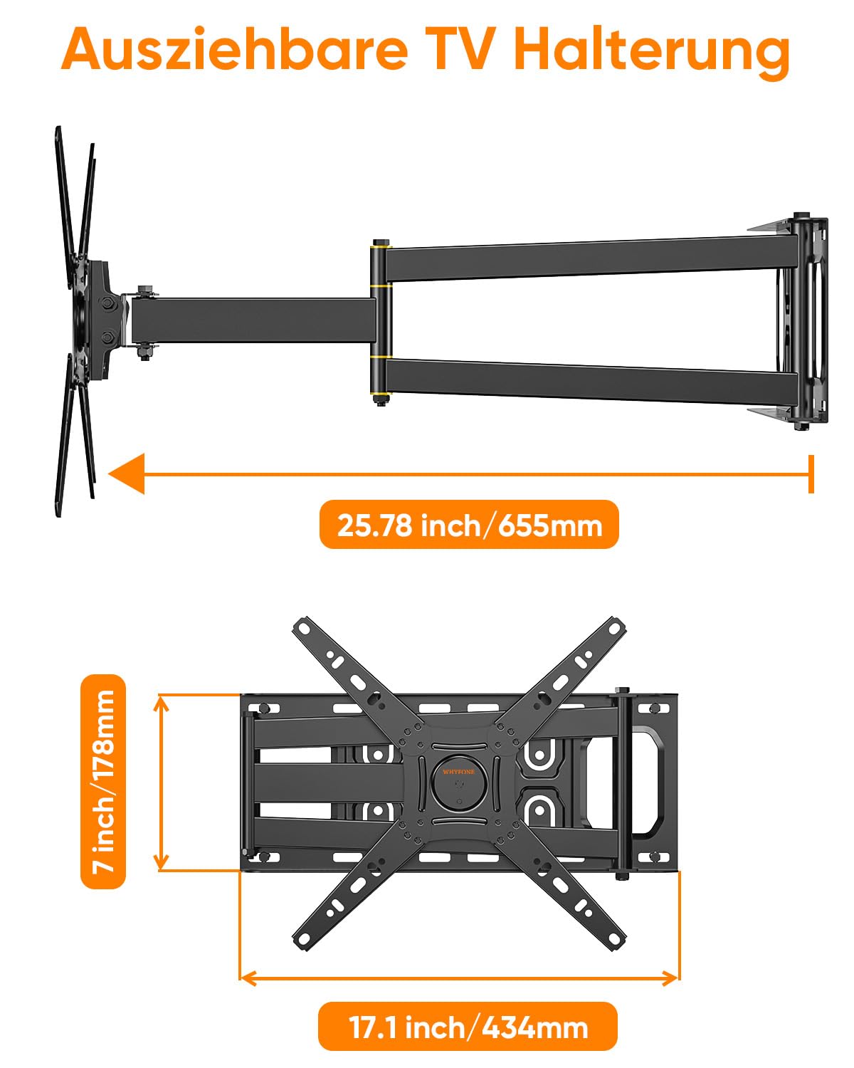 TV Wandhalterung mit 655mm Langem Arm für 13-50 Zoll Fernseher oder Monitor, 180° Drehung Fernsehhalterung Wand Schwenkbar Volle Bewegung Monitor Wand Halterung bis zu 35kg max. VESA 300x300mm