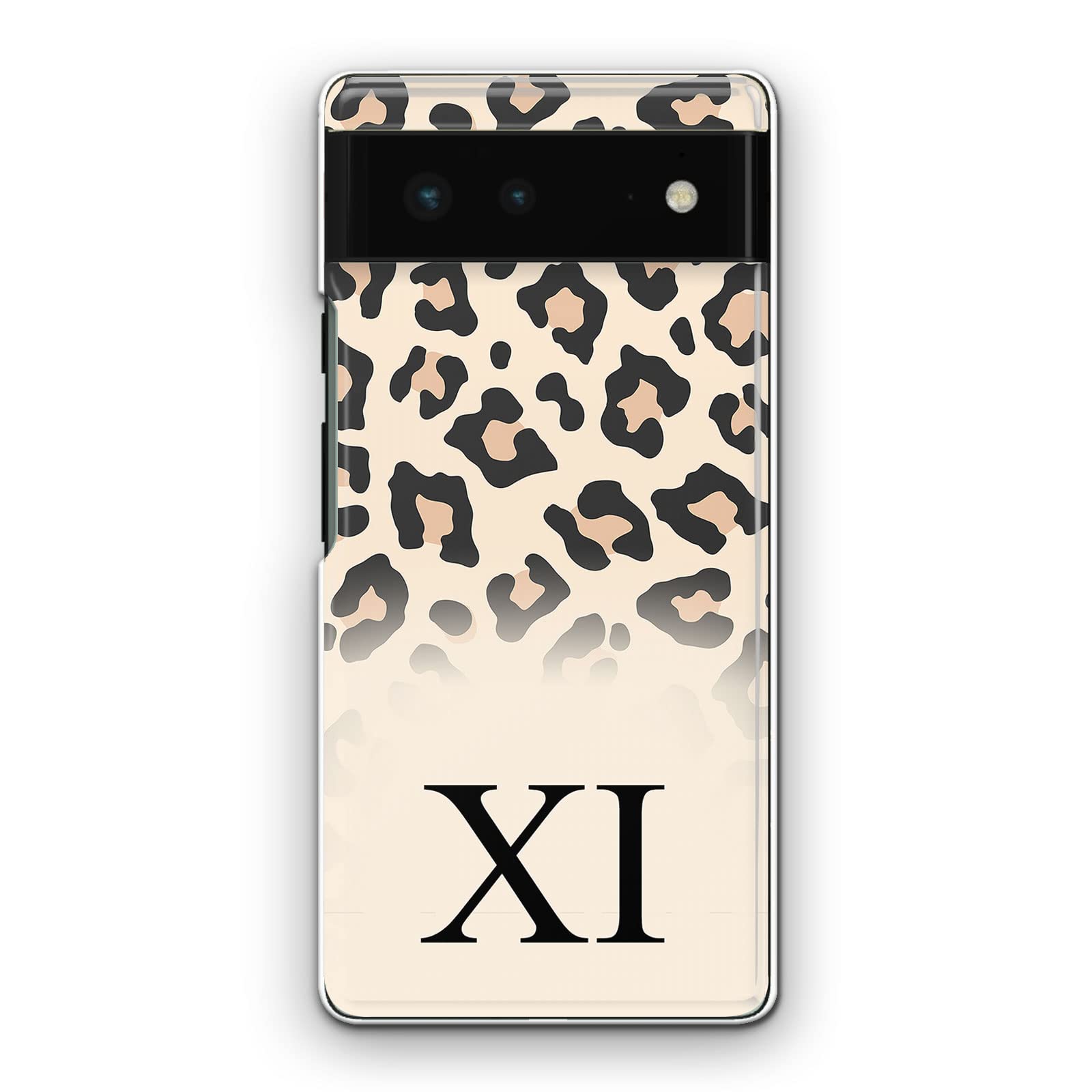 Hairyworm Personalised Initials Phone Case For Google Pixel Phones, 5, 6 (5G), 6 Pro (5G), 6A (5G), 7 (5G), 8, 8A, 9, Black Monogram, Initials on Beige Leopard Print Hard Phone Cover
