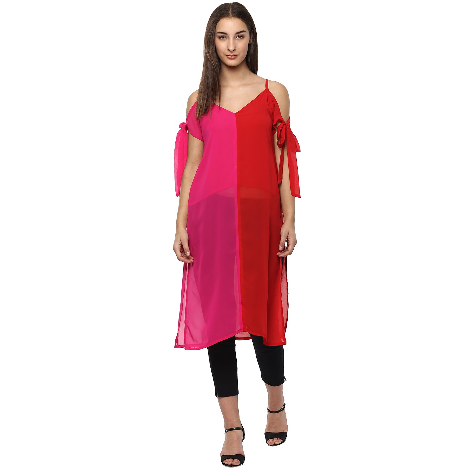 Roving Mode Women's Color Block Straight Cut Tie Up Sleeve Tunic, Pink