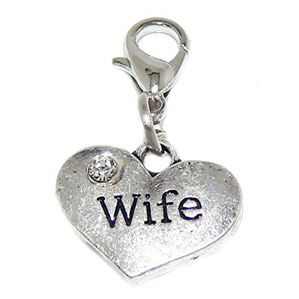 JewelleryJoy Wife Heart Rhinestone Clip On Lobster Silver European Charm Chain Bracelets in Organza Gift Bag (Wife Clip on)