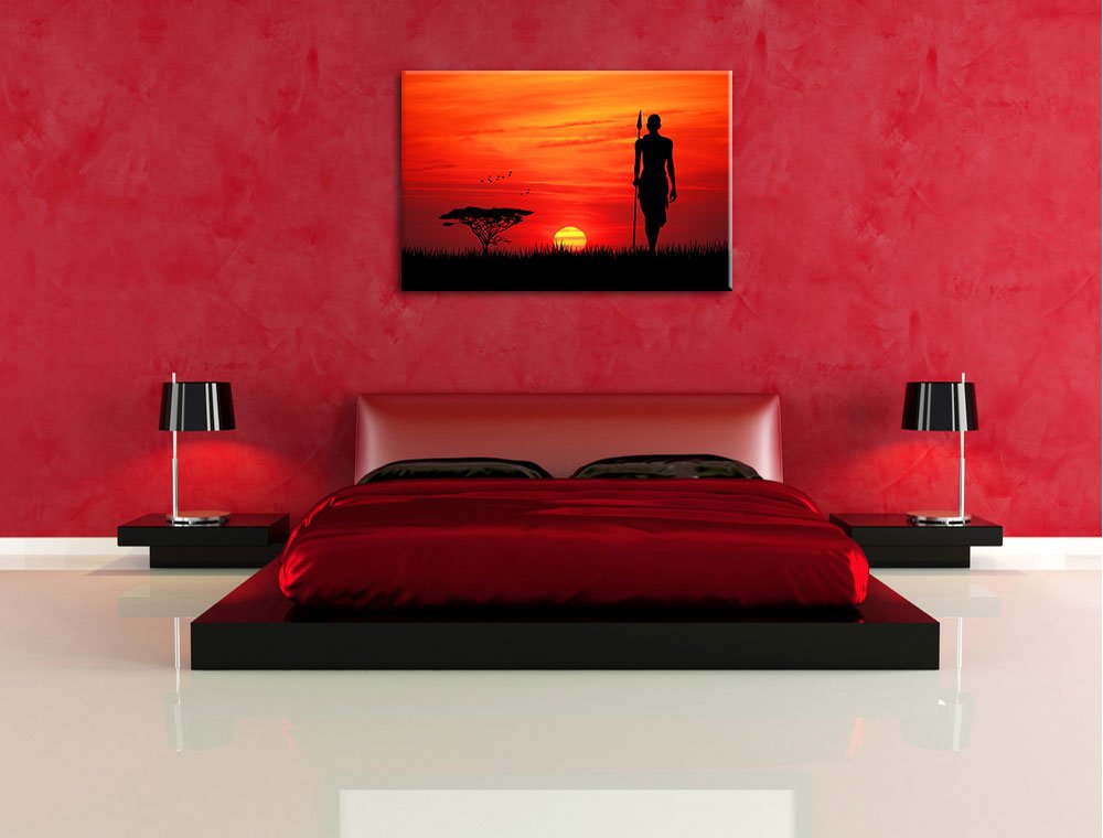 Pixxprint Dark Roter Sonnenuntergang in Afrika, Bild, Größe: 120x80cm, Leinwandbild, fertig gespannt, Wandbild, Dekoration, Kunstdruck, kein Poster