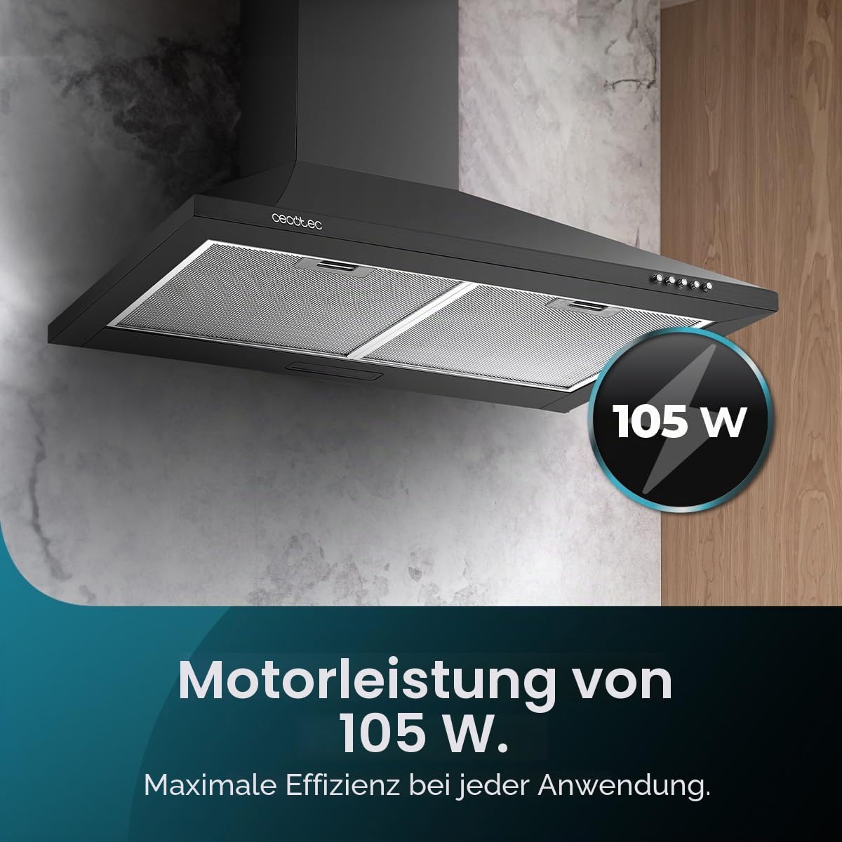 Cecotec Bolero Flux PM 604300 Pyramiden-Dunstabzugshaube, 60 cm, Motor 105 W, Saugleistung 430 m³/h, mechanische Steuerung, 3 Leistungsstufen, Licht, Aluminiumfilter, schwarzes Finish