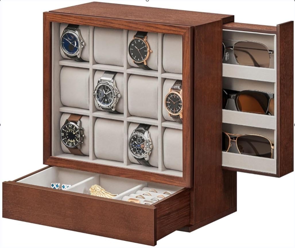 Maestrorelojero - Vetrinetta espositiva in legno Lux per 12 orologi + 3 occhiali + gioielli
