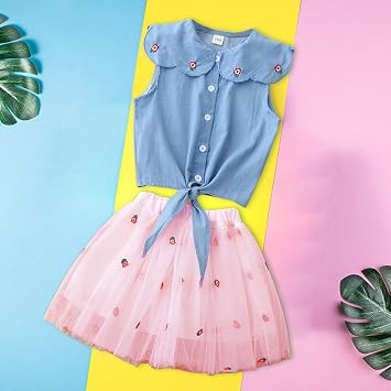 Girls Boho Dress Summer Korean Version of Foreign Trade Children's Clothing Girls Denim Embroidered Lapel Top Princess (Pink, 7-8 Years)