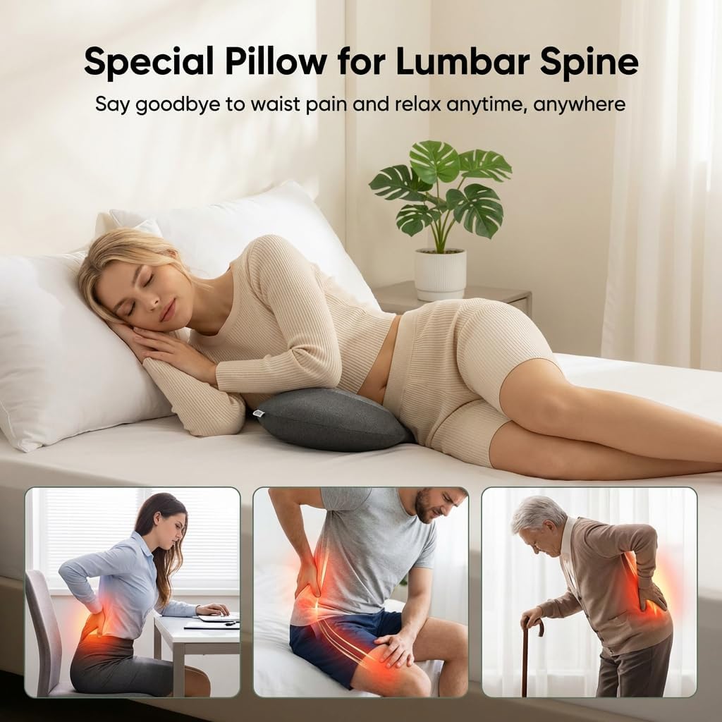 3-in-1 Lower Back Massager & Electric Lumbar Support Pillow, Heat Vibration Traction Triple Fusion for Back Pain Relief, Sciatica, Spine Decompression, Ergonomic Memory Foam for Bed, Office