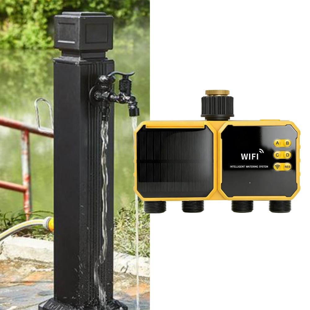 EasyByMall Smart Solar - Sistema di irrigazione a goccia, timer automatico dell'acqua a 4 vie con micro-spray, kit da giardino ricaricabile USB-C per piante da esterno