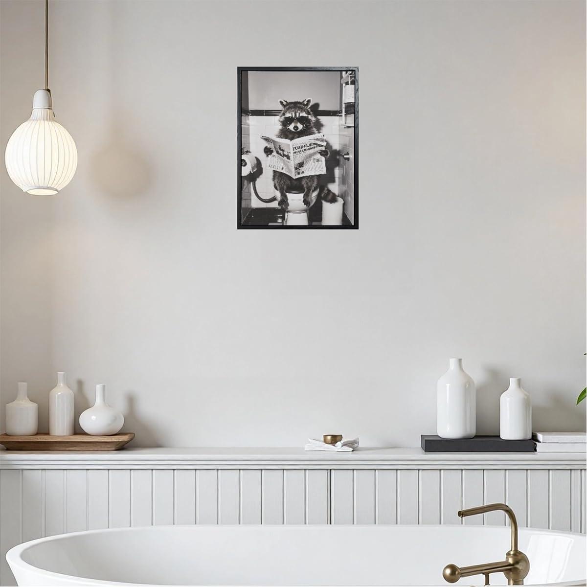 Funny Raccoon Bathroom Wall Art - Framed Black and White Animal Poster Decor with Toilet Paper, Cute Cartoon Canvas Print for Restroom,Powder Room,Bathroom Pictures,Modern Wall 16X12 inch Framed