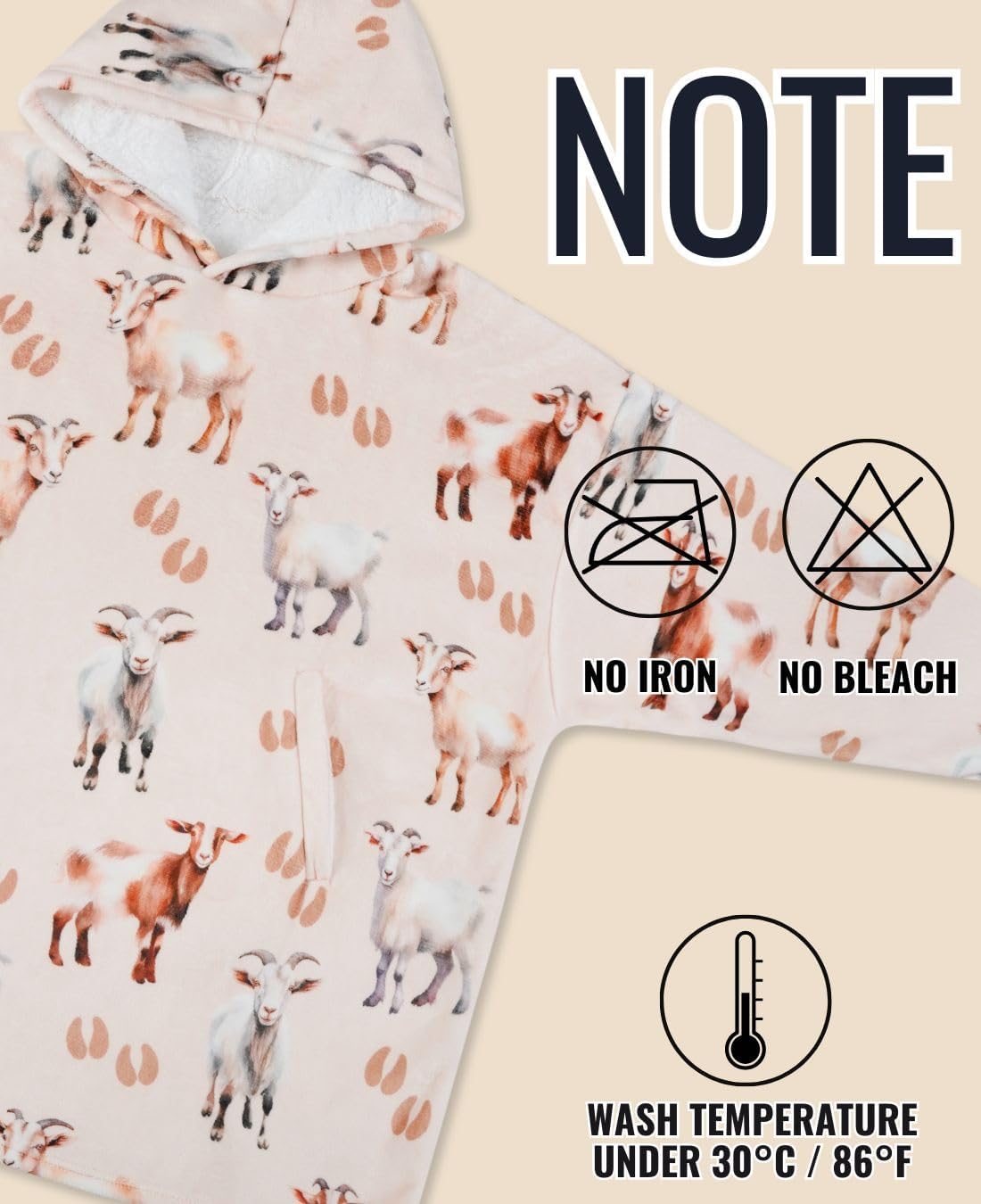 Goat Gifts for Goat Lovers, Wearable Flannel Goat Blanket Hoodie with Two Large Pocket - Full Pattern