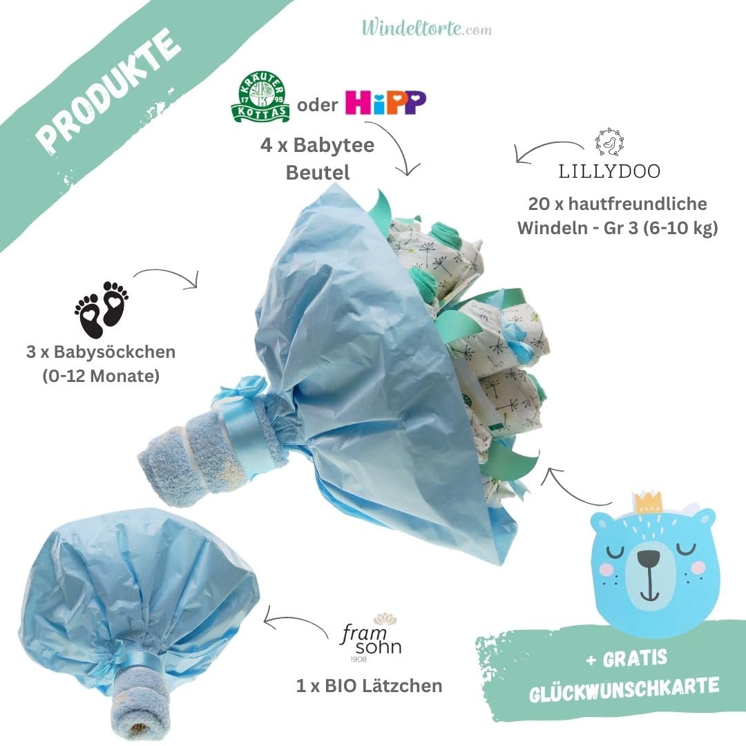 Strauß Bukett [BLUMENSTRAUSS] - Geschenk zur Geburt - Babyparty - Pullerparty - Windeln - Baby Geschenk - Torte kaufen (Junge/Bub/Blau)