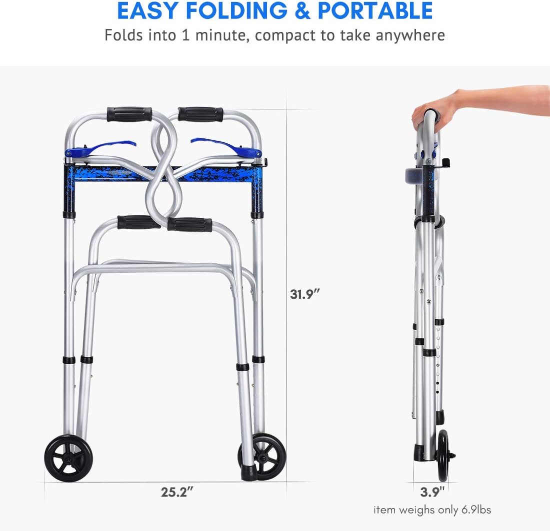 Health Line Massage Products 4-in-1 Stand-Assist Folding Walker with Detachable Seat, Walking Mobility Aid with 5" Wheels 350lbs Capacity, Can be Used as Toilet Safety Rail, Compact & Portable, Silver : Health & Household