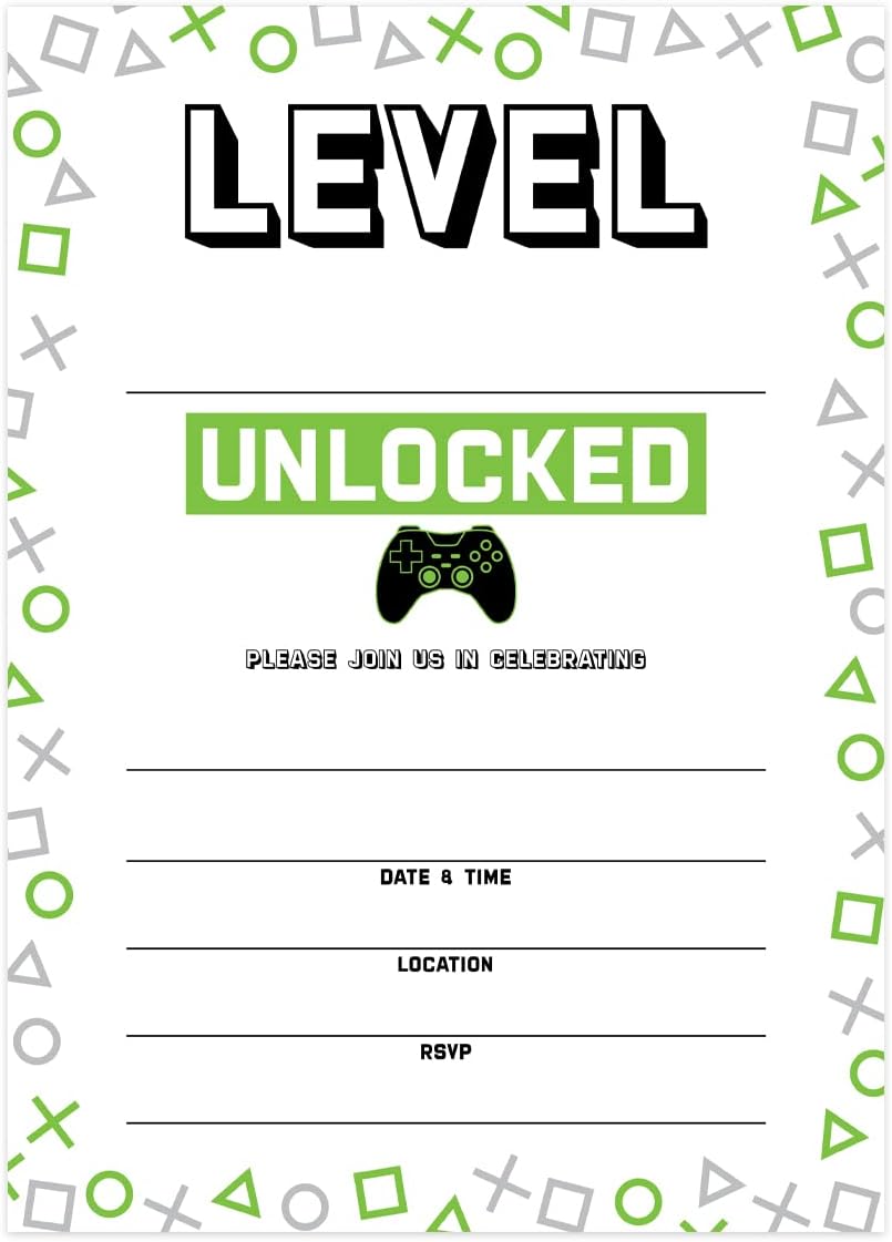 Canopy Street Level Up Gamer Birthday Party Invitations / 25 Fill In The Blank Video Game Themed Party Invites With Envelopes / 5" x 7" Player Event Invitation