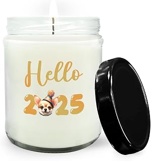 Hello 2025 Chihuahua Celebrates Happy New Year Firework Balloon Soy Wax Candle Dog Lover Gifts Idea 16oz White Vanilla Candle - 024