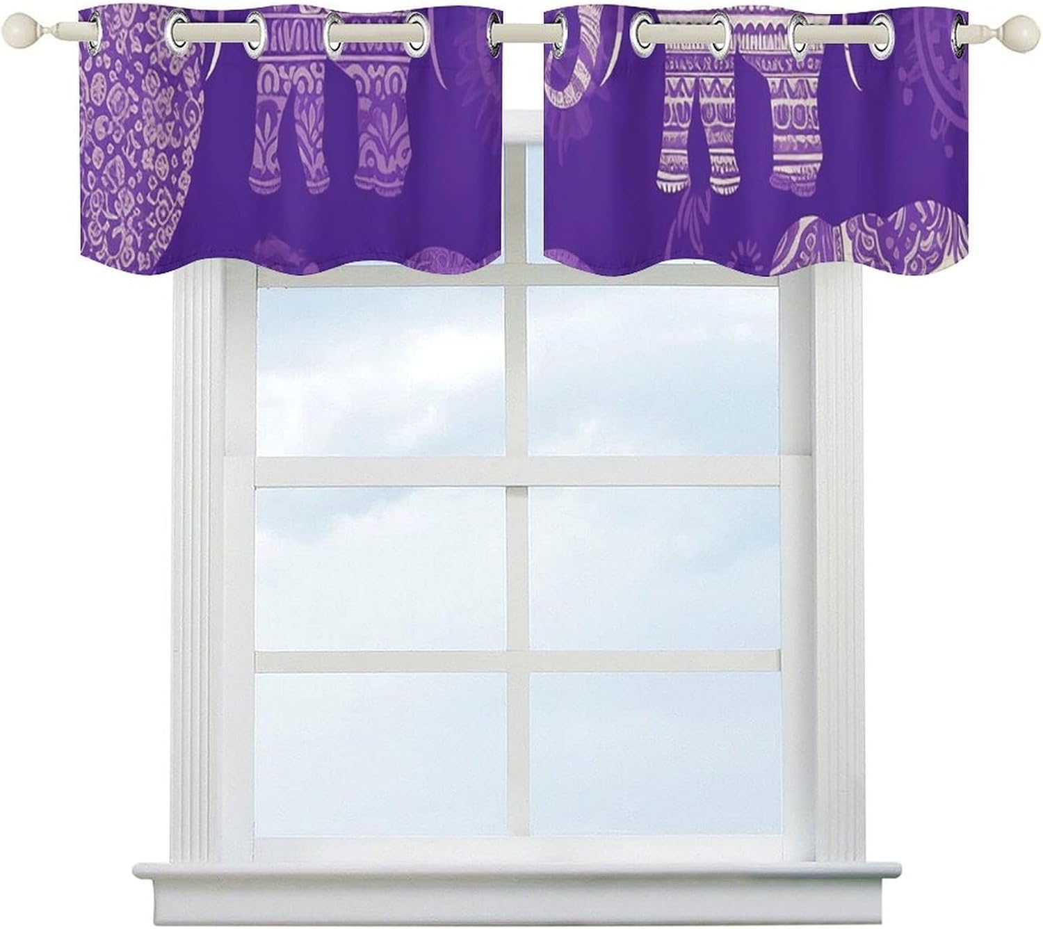 Purple Elephant Valances for Window 2 Panels. Light Filtering Curtains Farmhouse Short Small Valance.Modern Curtains for Windows Living Room Kitchen Over Sink.