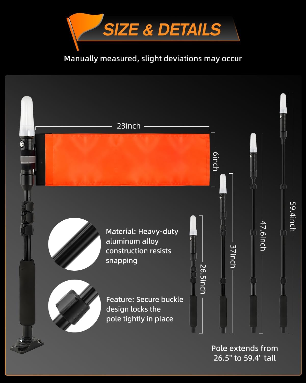 CO LIGHT Telescoping Kayak Lights 26.5"-59.4" 3-Mode 360° LED Navigation Lights with Orange Flag and Retractable Pole Waterproof Dual Mount Base for Night Kayaking Boating Fishing & Boating Safety