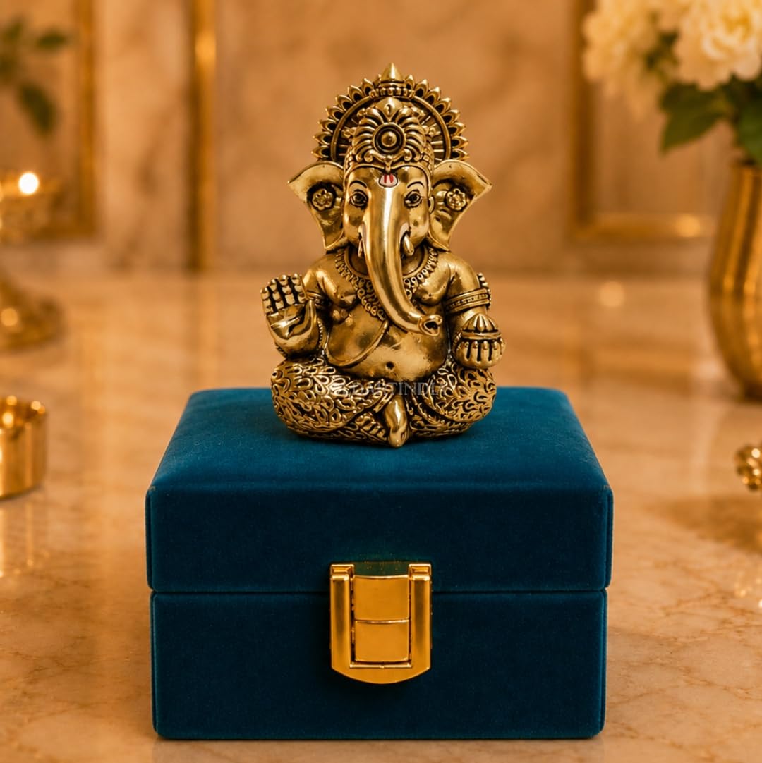 Gold Art India Lord Ganesha Idol with Premium Velvet Gift Box | Decorative Ganpati Murti for Home Temple, Office Desk, Car Dashboard & Spiritual Gifting-image-1
