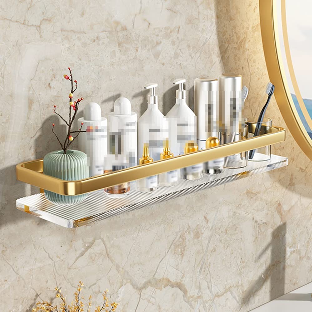 SaryEdge No Drilling Bathroom Shelf - 40Cm Gold Floating Shower Caddy, Transparent Acrylic Wall-Mounted Storage Rack with Towel Shelf, Multifunctional Kitchen,Gold 50Cm 1 Layer