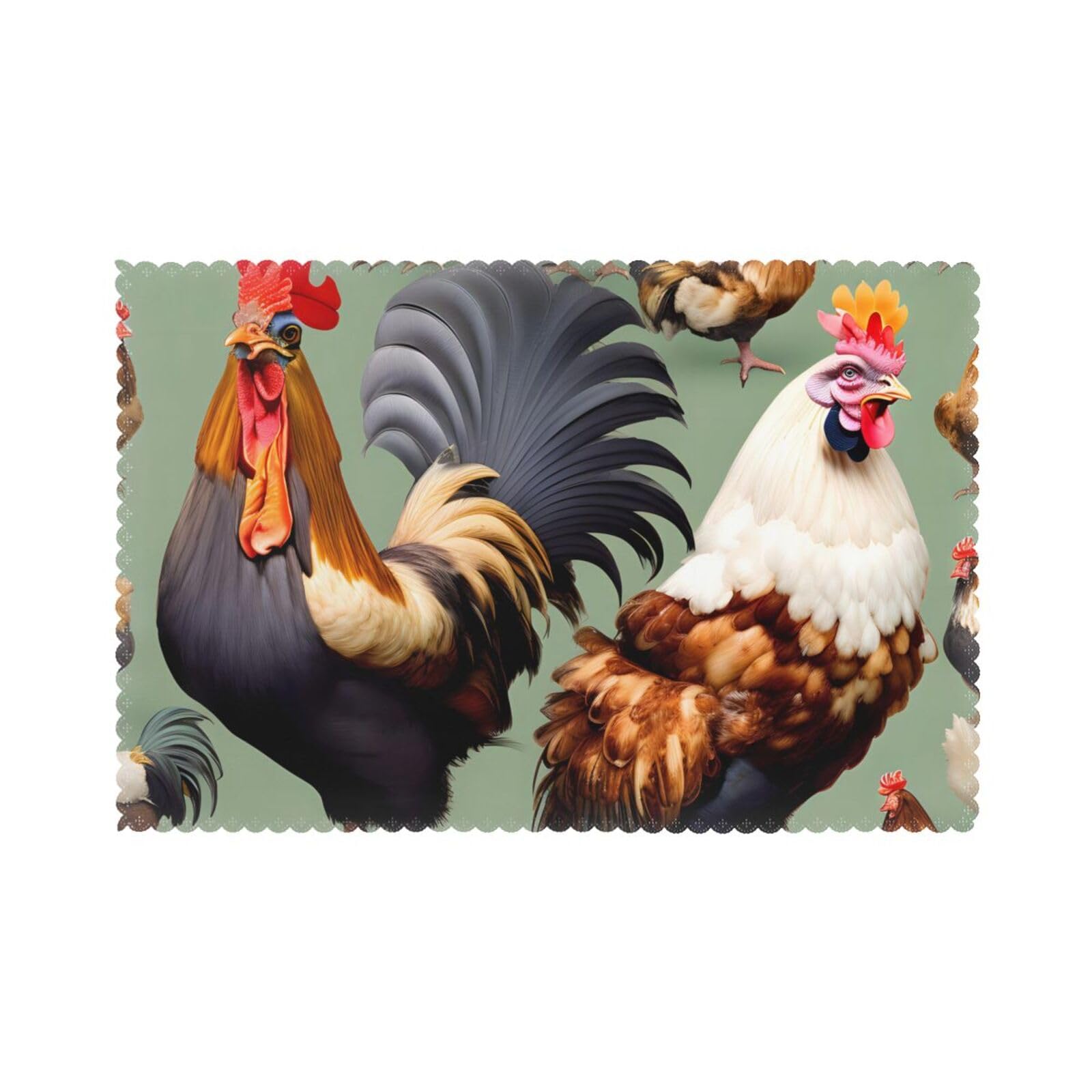 Rooster and Chicken Placemat set of 6, oil-proof and insulated dining table placemats, washable and wipeable.