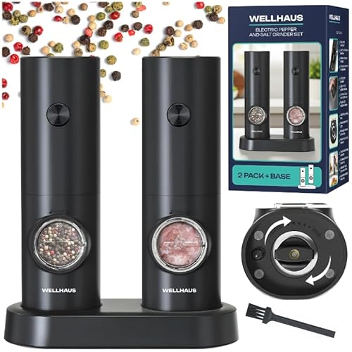 Wellhaus Macina sale e pepe elettrici: set da 2 pezzi, macinaspezie a batteria con base, luce LED bianca e grado di macinatura regolabile