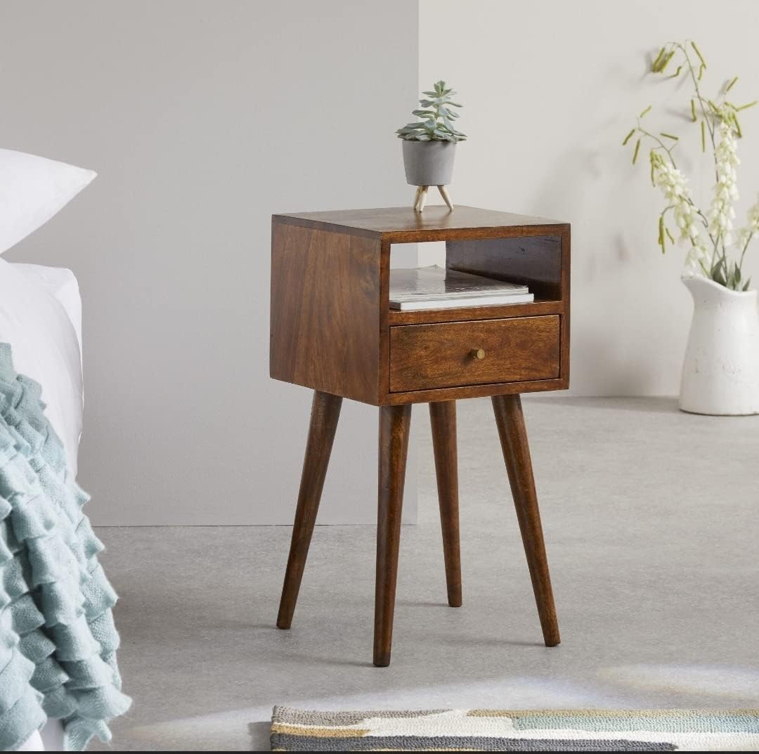 Sheesham Wood Bedside Table with Shelf and Drawer Storage for Bedroom | Wooden Side Table with Drawers for Living Room | Solid Wood End Table for Hallway and Office - Maple Finish-image-27