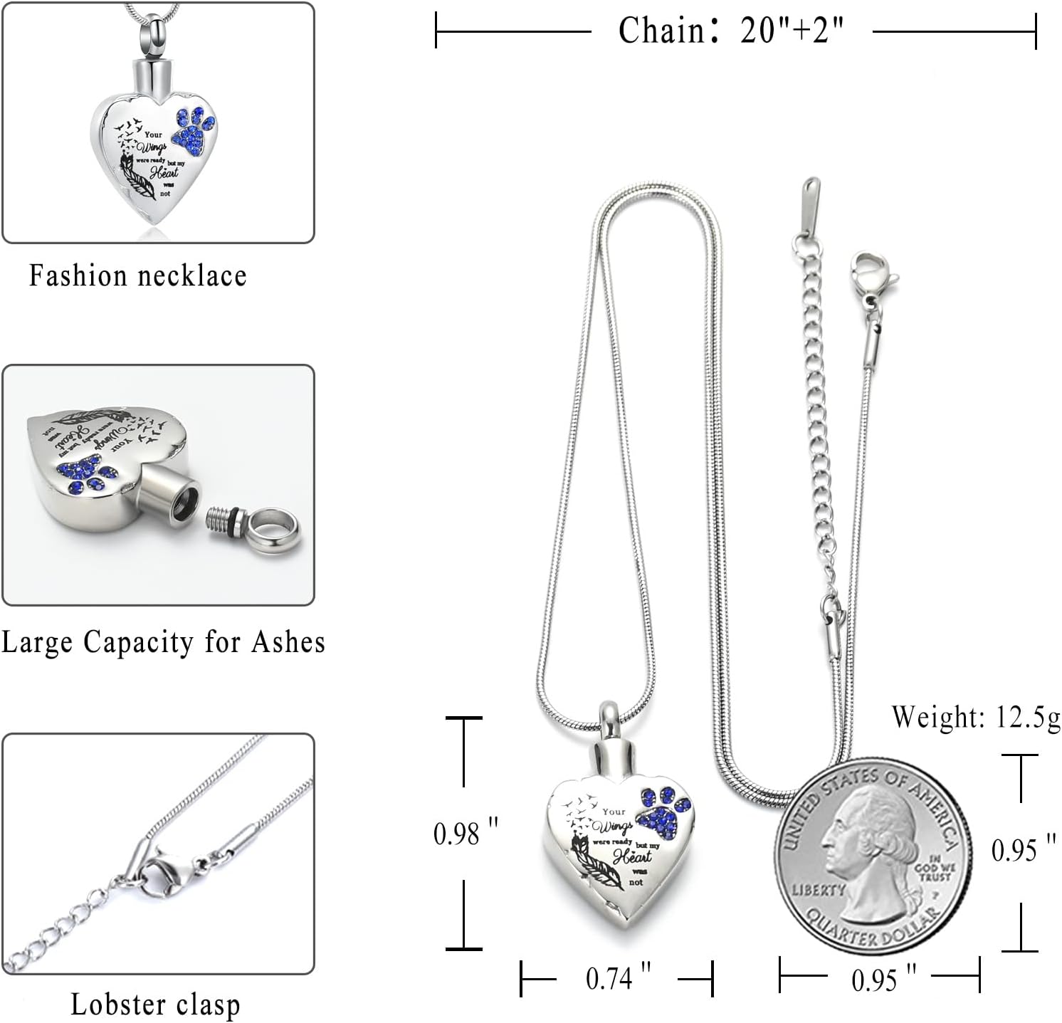 memorial jewelry Your Wings were Ready, But My Heart was Not Stainless Steel Carved Locket Cremation Urn Necklace for Pet Dog Cats - Image 2