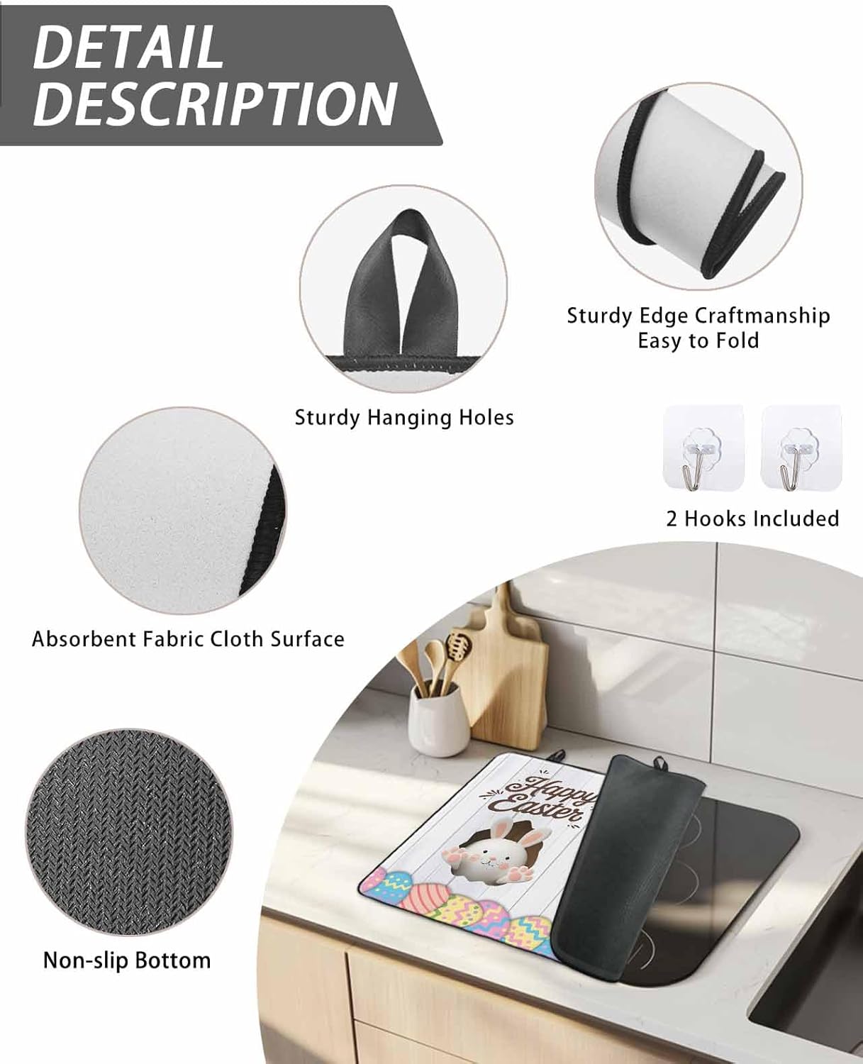 Grey Easter Stove Top Cover for Electric Stove, Spring Cartoon Bunny Colorful Eggs Wood Grain Heat-proof & Non Slip Glass Top Stove Cover Protector, Kitchen Flat Cooktop Rubber Mat 24x21 Inches