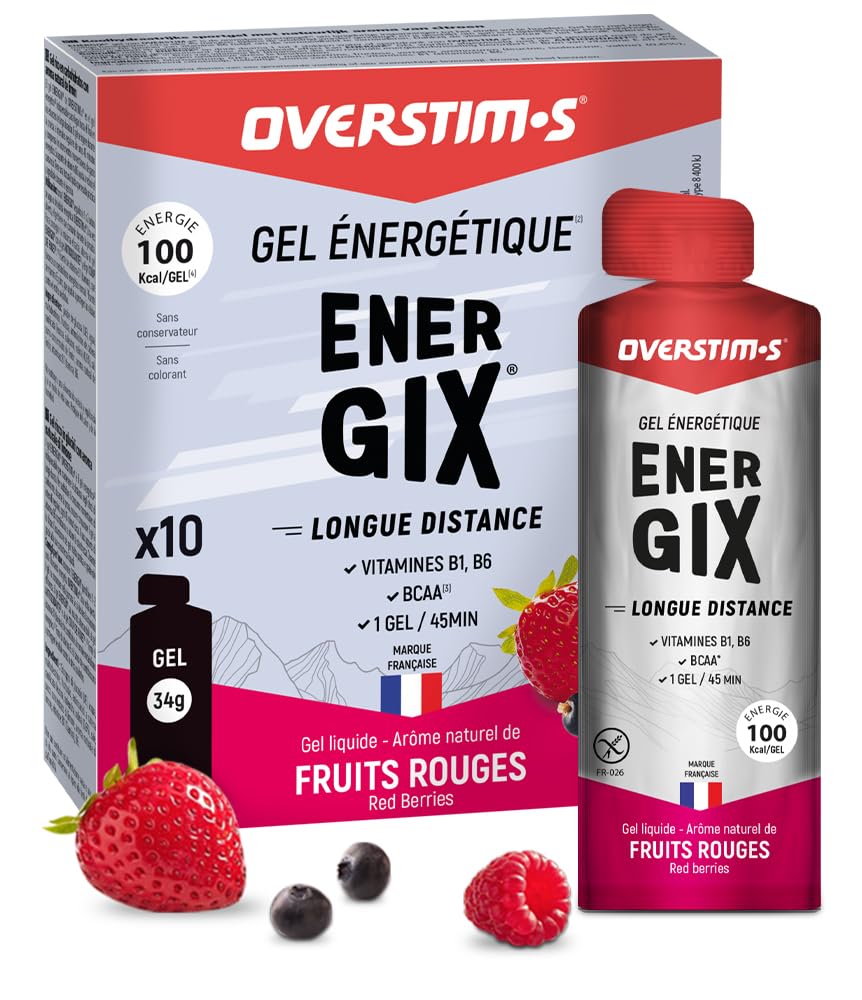 Overstim.s - Gel Energix (10 sachets) - Gel énergétique pour le sport (vélo, course à pied…) - Energie longue durée (Glucose + Fructose + Maltodextrines) - BCAA - 100 kcal/gel - Saveur Fruits Rouges