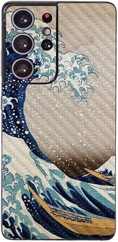 Mighty Skins Piel de fibra de carbono compatible con Samsung Galaxy S21 Ultra - Great Wave of Kanagawa Acabado de fibra de carbono texturizado