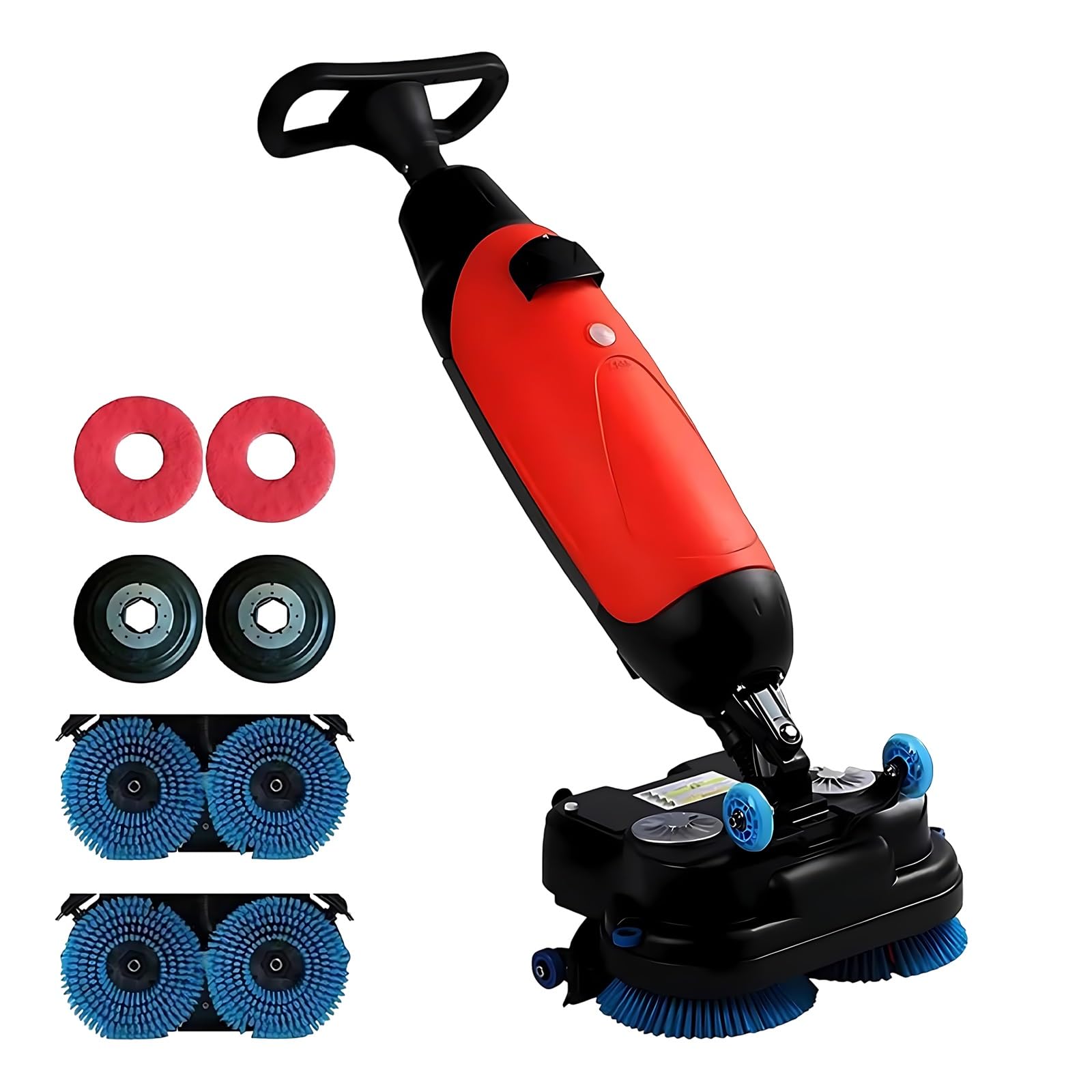 18" Commercial Floor Scrubber Machine, Cordless Walk-Behind Scrubber for Multi-Surface Scrubbing Washing Drying, Quiet Dual-Brush Battery Powered Cleaner for Home Garage, Church and Clinic(Red)