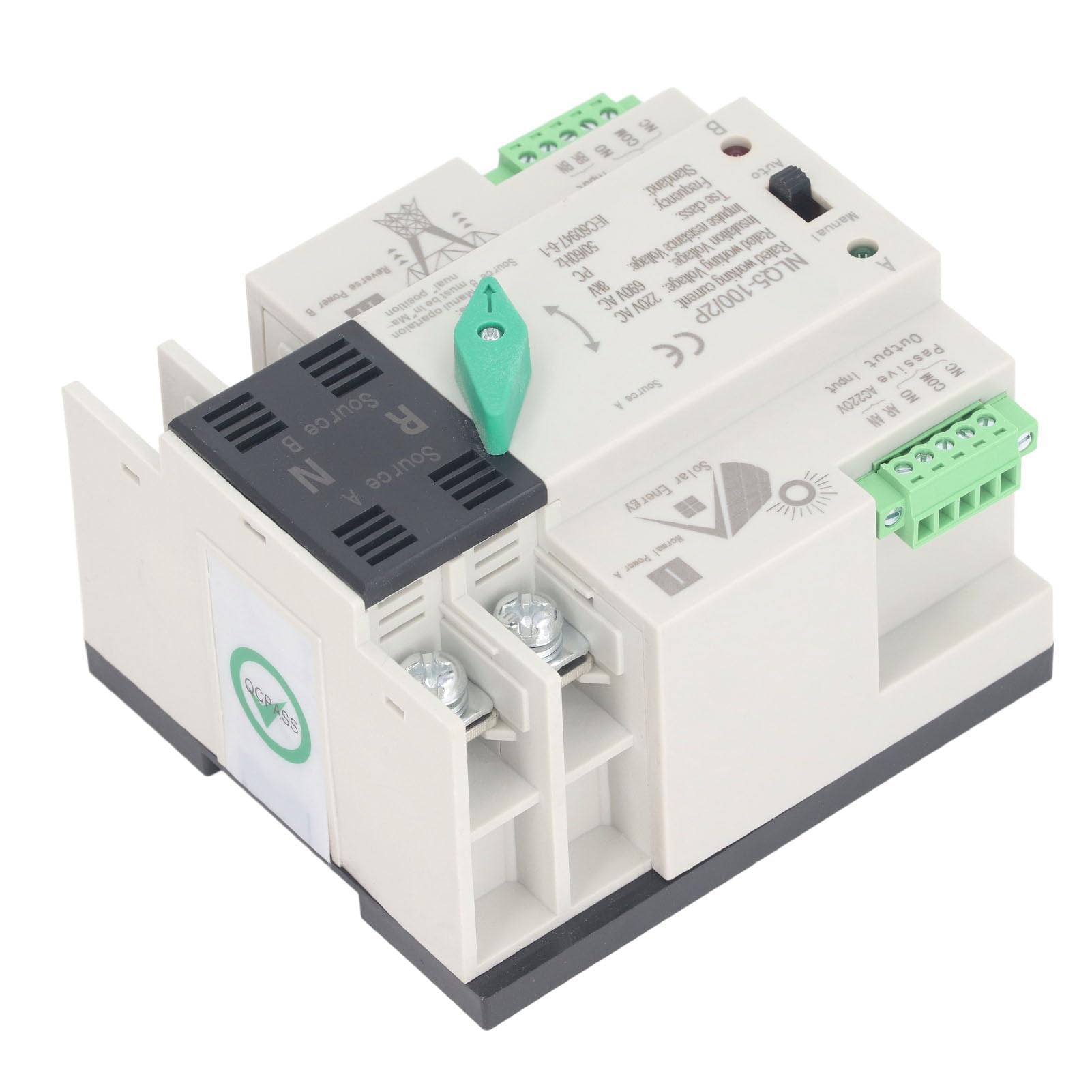 Interruttore di Trasferimento Automatico a Doppia Alimentazione 2P Mini ATS 35mm Commutatore per Generatore su Guida DIN AC220V per Fabbriche Centri Commerciali (100A)